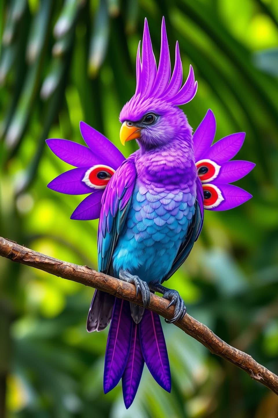 AI generated: Ultra-vibrant fantasy bird perched on a branch in a tropical forest, with bright purple feathers, smooth gradient shading, and scale-like texture on the chest. The bird has a yello