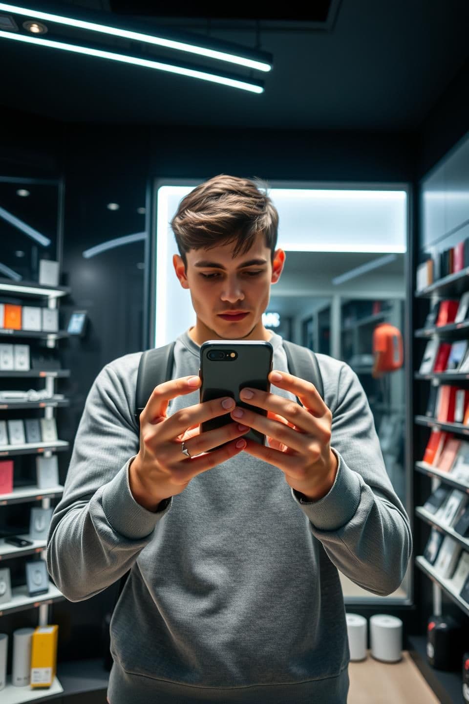 AI generated: "A 22-25 year old young man standing straight inside a modern mobile phone store, holding a sleek smartphone in both hands and attentively examining it, he slowly rotates the phone