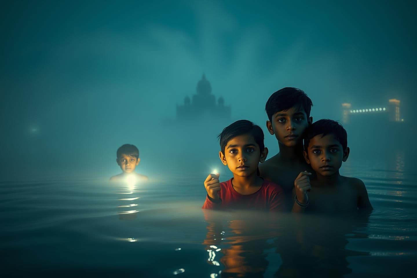AI generated: Ultra-cinematic 9:16 IMAX vertical composition set inside the shallow waters of Hussain Sagar lake at night.
Atmosphere extremely dense with deep teal fog, cold mist layers, floati