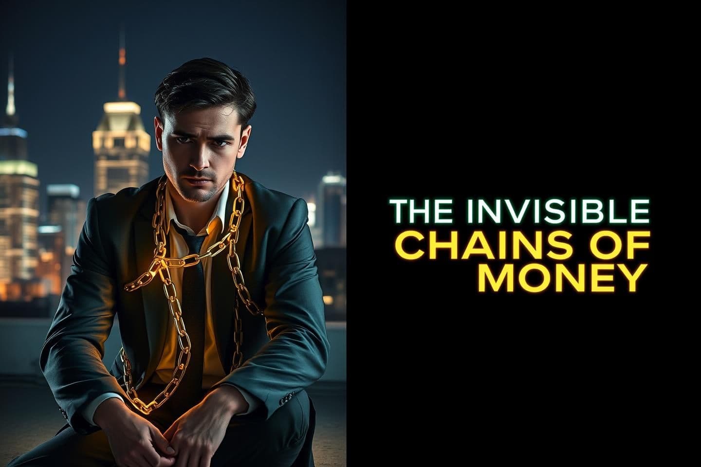 AI generated: Split-screen cinematic thumbnail: left side shows a young professional man sitting on a rooftop at night, city skyline glowing behind him, golden glowing chains subtly wrapped arou