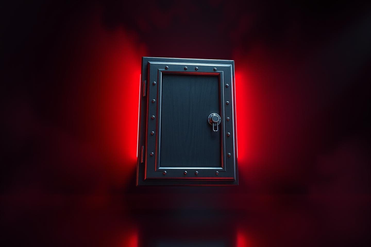 AI generated: A highly stylized 3D render showing a locked metallic door floating in mid-air surrounded by darkness, a faint red glow seeping through the edges, lit by deep contrast lighting wit