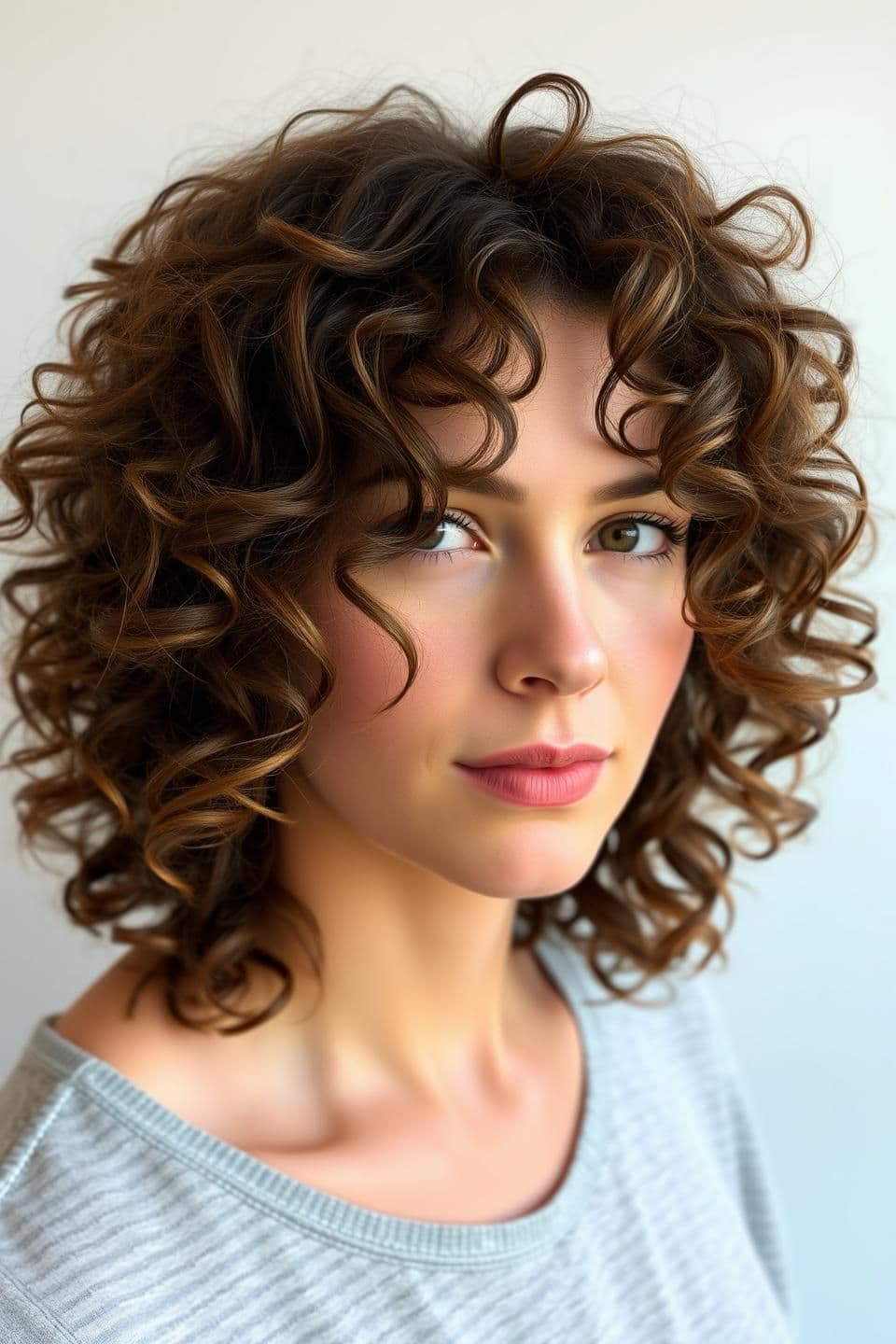 AI generated: Realistic curly hairstyle for a woman with frizzy, undefined curls, length below shoulders but above waist, square face. Hair has long soft layers starting around the collarbone, f