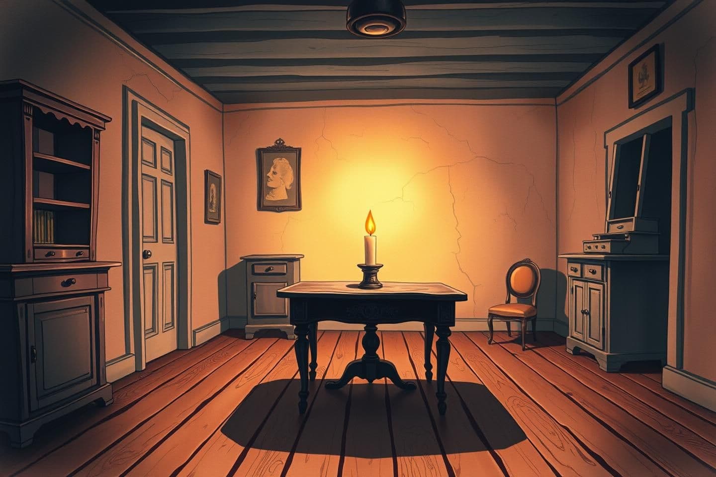 AI generated: “2D cartoon horror background, old vintage room, wooden floor, flickering candle on table casting long shadows, cracked walls, old furniture, dark corners, eerie silence, 16:9 rati