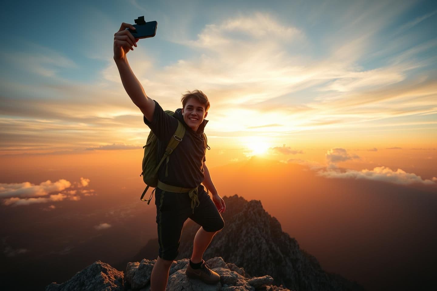 AI generated: "A young adventurous hiker standing triumphantly on a rugged mountain peak at sunset. The person is holding a smartphone high to take a wide-angle selfie, capturing their excited