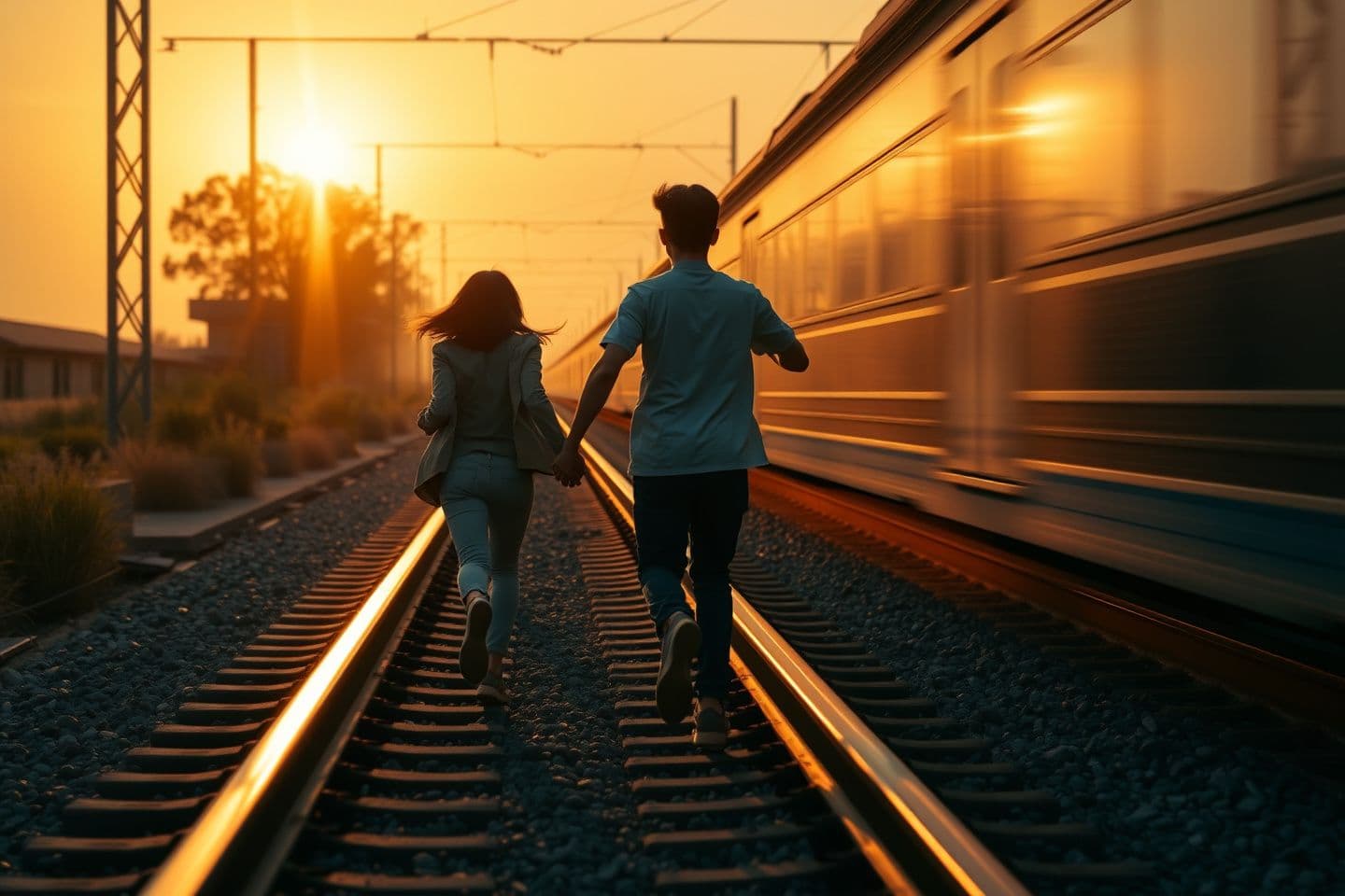AI generated: A young couple running hand in hand along a railway track during sunset, golden light casting long shadows, camera tracking from behind at low angle. A high-speed train rapidly app