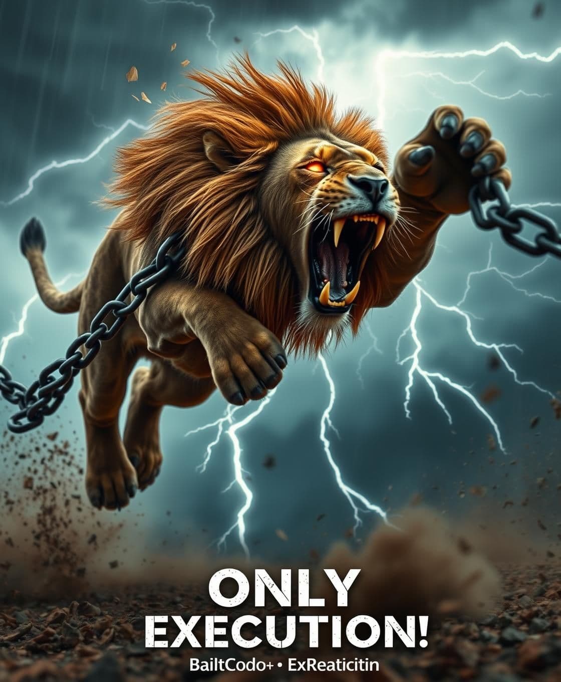 AI generated: “High-intensity transformation. Same lion turns into a powerful alpha beast and leaps forward in slow-motion as chains explode into sparks and debris. Stormy battlefield sky with l