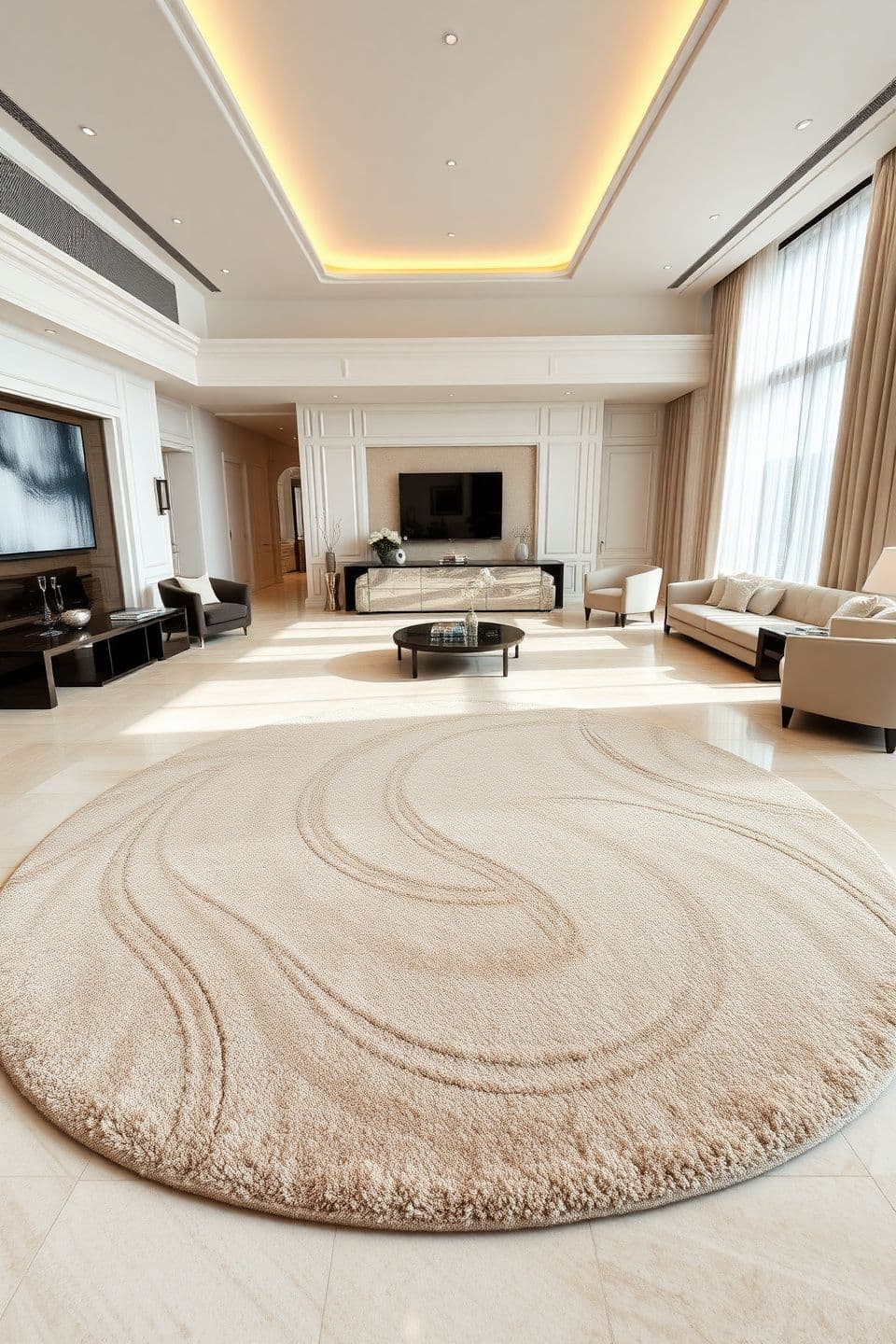 AI generated:
A high-end luxury living room with a large open space,
full wide-angle view of the room,
an elegant oval-shaped hand-tufted carpet placed at the center,
the carpet features refine