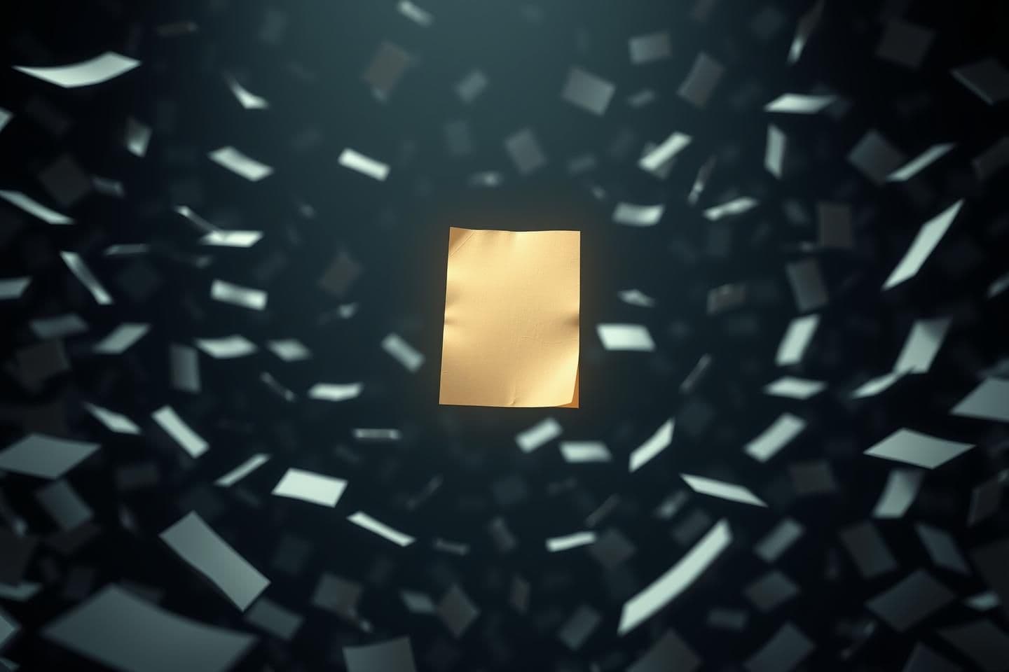 AI generated: A highly stylized 3D render showing a single glowing paper document floating mid-air in darkness while thousands of faint, ghost-like pages drift away into the void, lit with soft