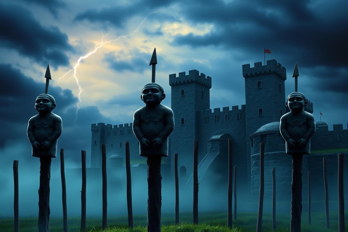 AI generated: Dark historical scene at dusk.
Human-shaped stone statues standing upright on tall wooden stakes.
Faces lifted toward the sky, calm and emotionless expressions.
Hands positioned b