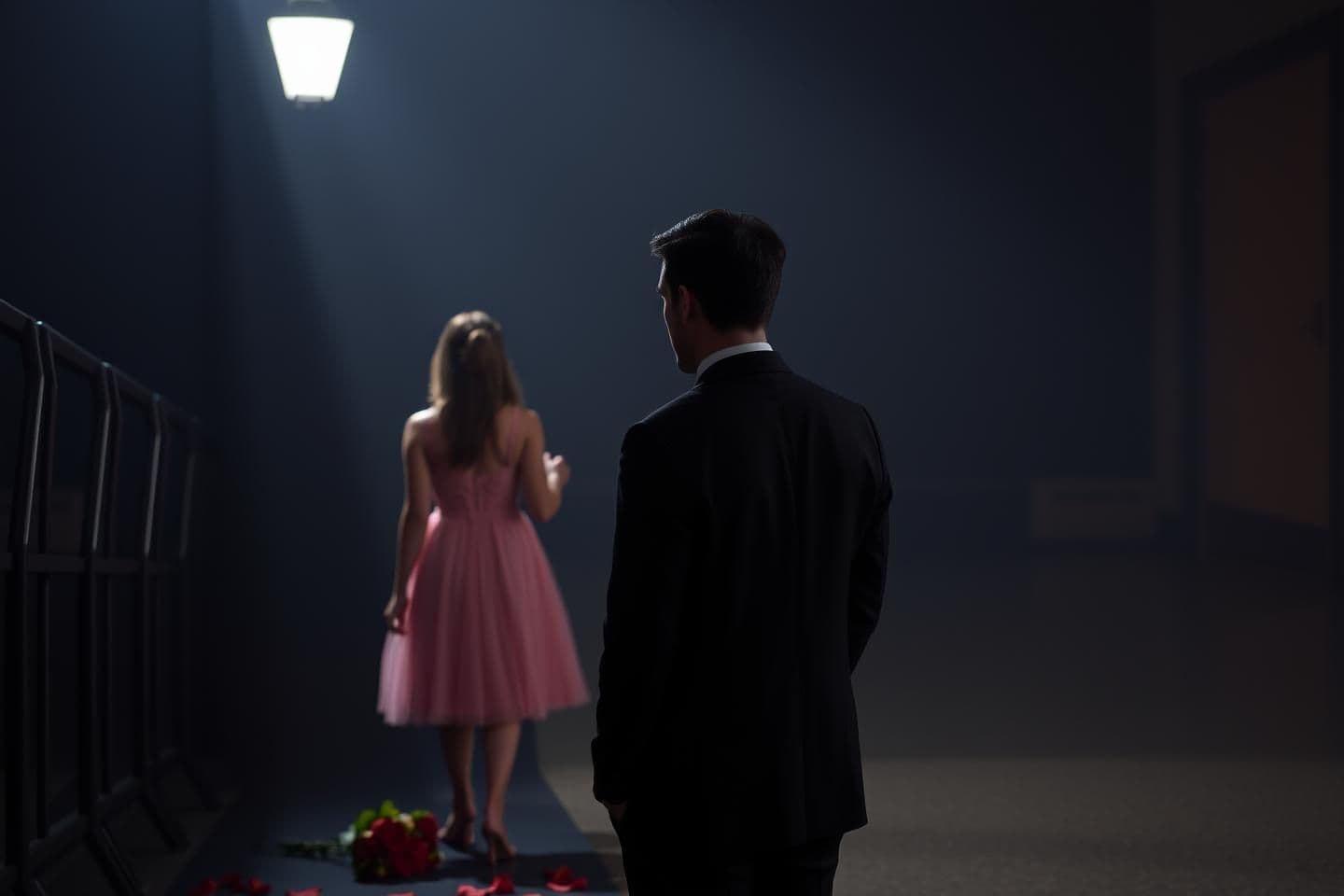 AI generated: Scene ( the girl is leaving and man is standing roses bouquet on the floor)
Emotion (heartbroken )
Dress code (man is wearing black suit and girl is wearing a pink dress)
Weather