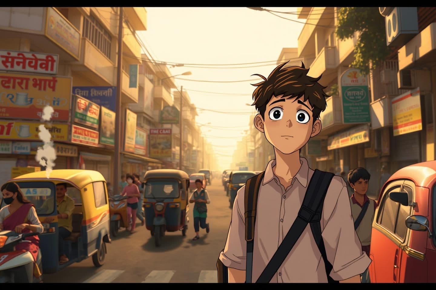 AI generated: “Early morning Indian street intersection, anime style. Soft golden sunlight, mild traffic, vendors setting up stalls. A chai stall with steam rising, school kids crossing the road