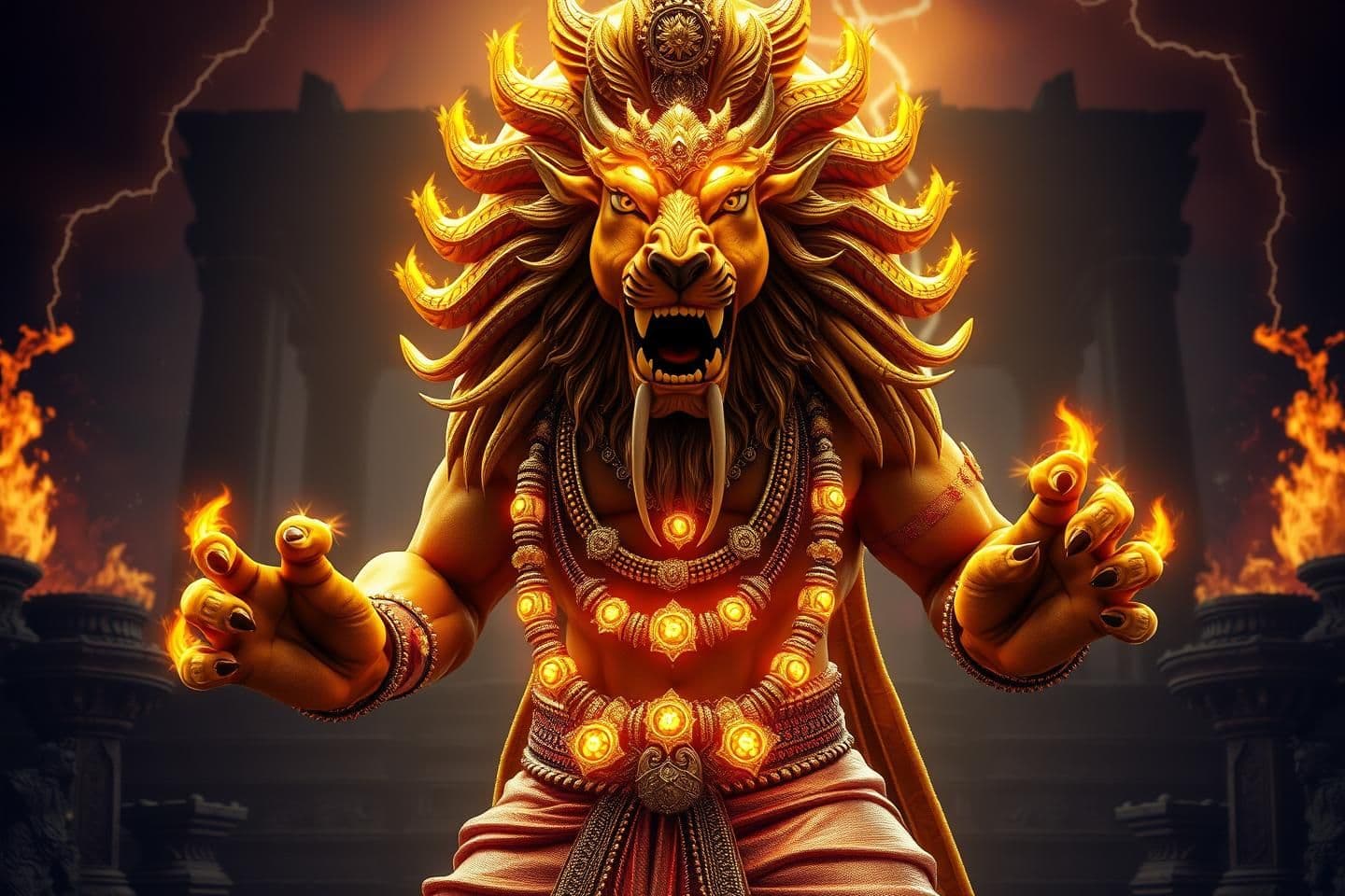 AI generated: 3D ultra-realistic cinematic character of Lord Narasimha, half-man half-lion divine avatar of Vishnu. Muscular warrior body with golden fur, lion face with glowing amber eyes, fier