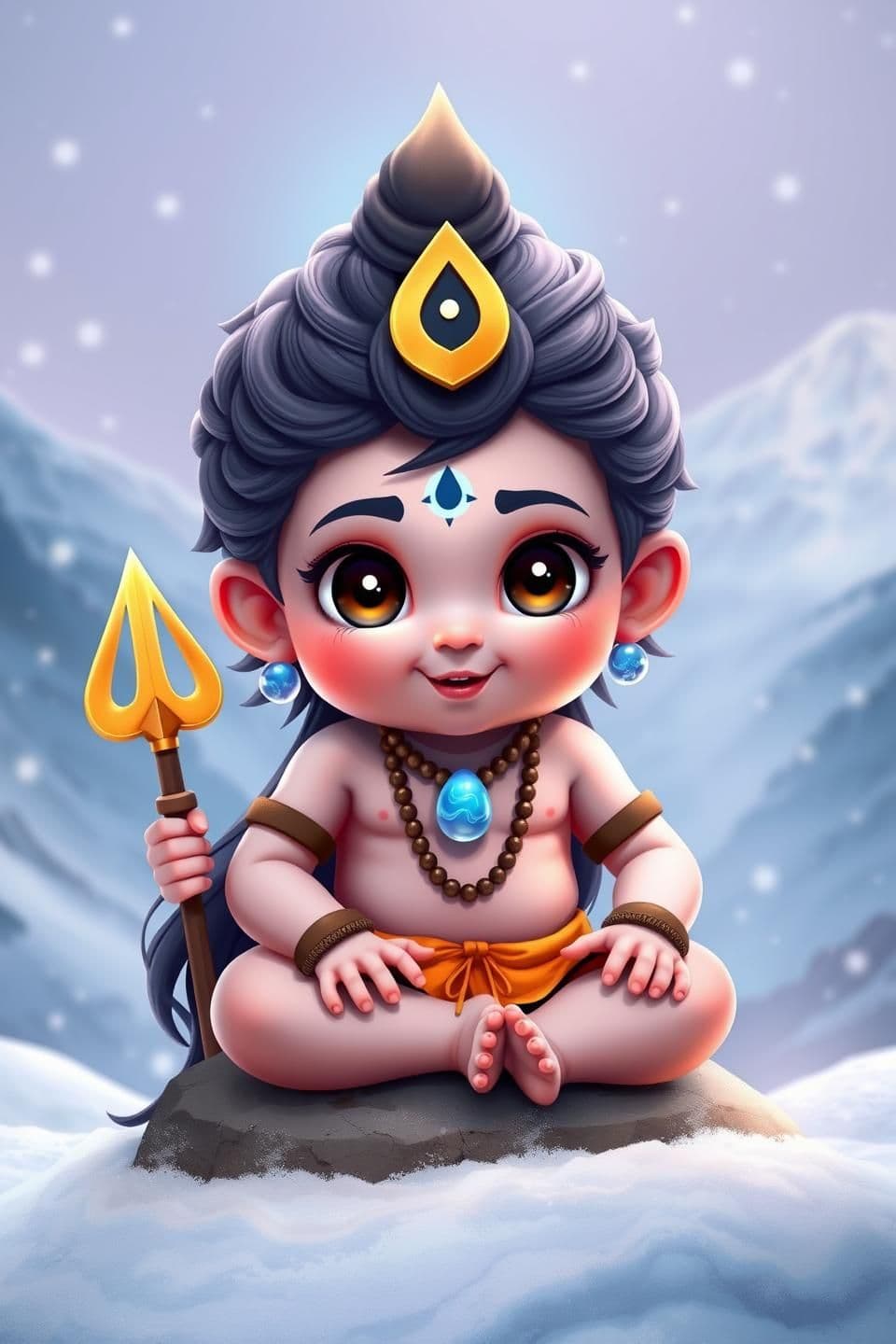 AI generated: See new posts
Create an ultra-cute child version of Lord Shiva (Bal Shiva). A small divine boy with big expressive eyes, soft innocent smile, tiny trishul, small blue aura, little