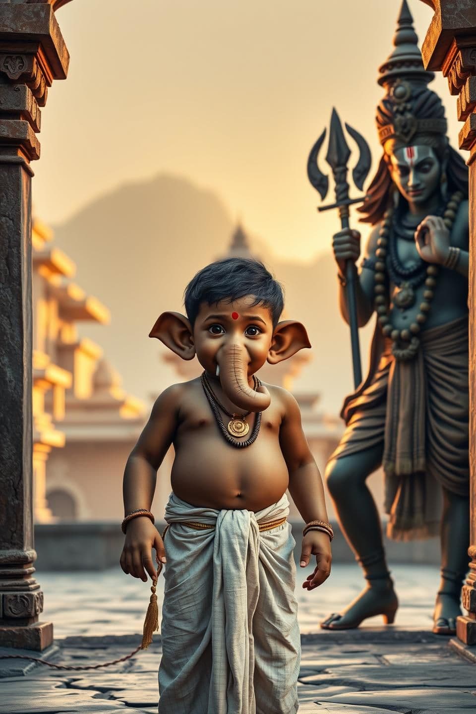 AI generated: 9:16 vertical, realistic image of young Indian boy as Lord Ganesha in pure human child form without elephant trunk or any animal features. The boy has round, innocent childlike fac
