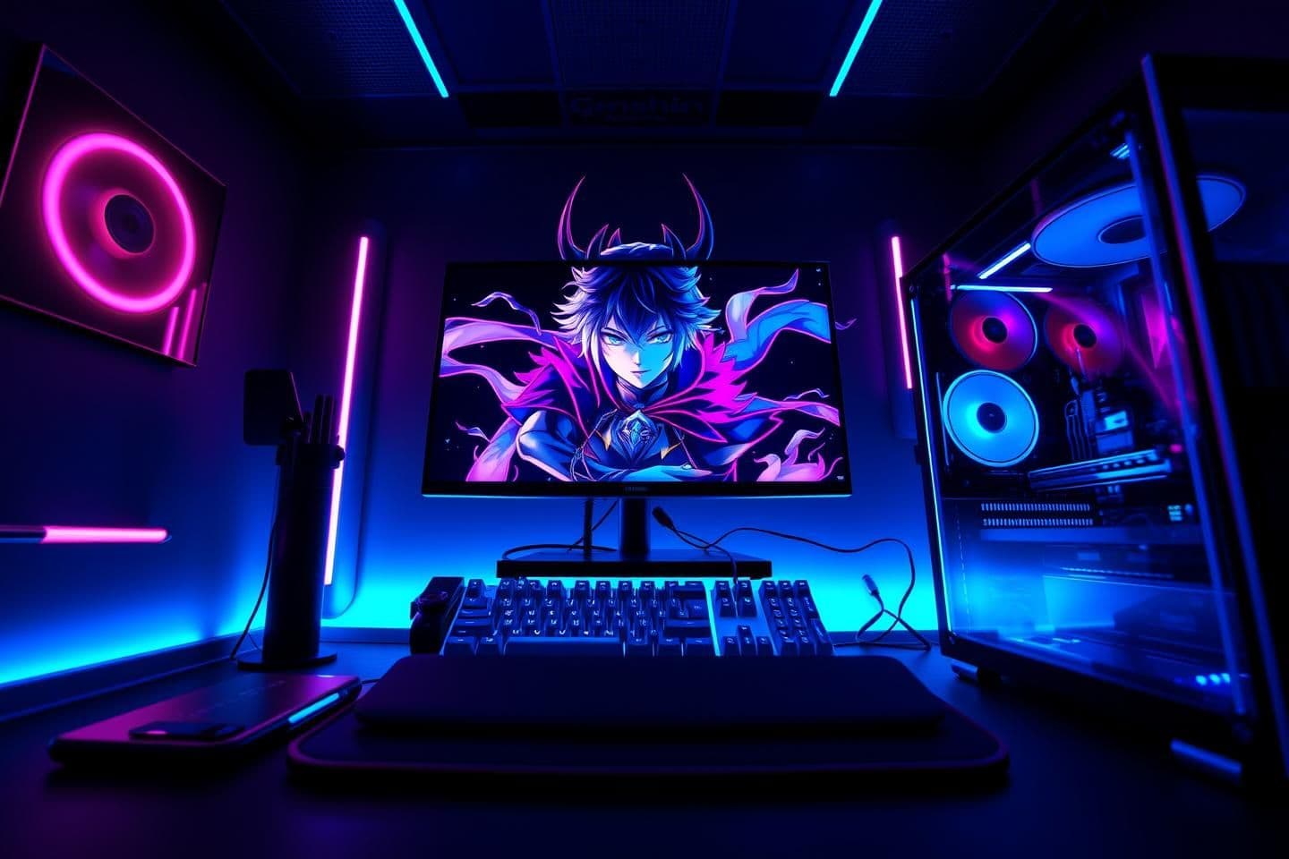 AI generated: A visually stunning, high-contrast, cinematic, 9:16 portrait view of an ultimate aesthetic gaming PC setup, specifically optimized for 'Speed Kings' video editing style and viral Y