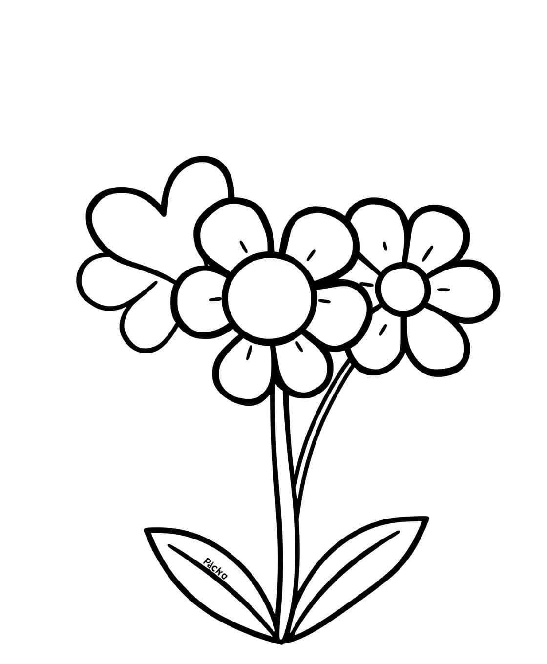 AI generated: A group of three cute whimsical flowers with different petal shapes (heart petals, round petals, pointed petals) arranged together. Simple black outlines, white background, playful