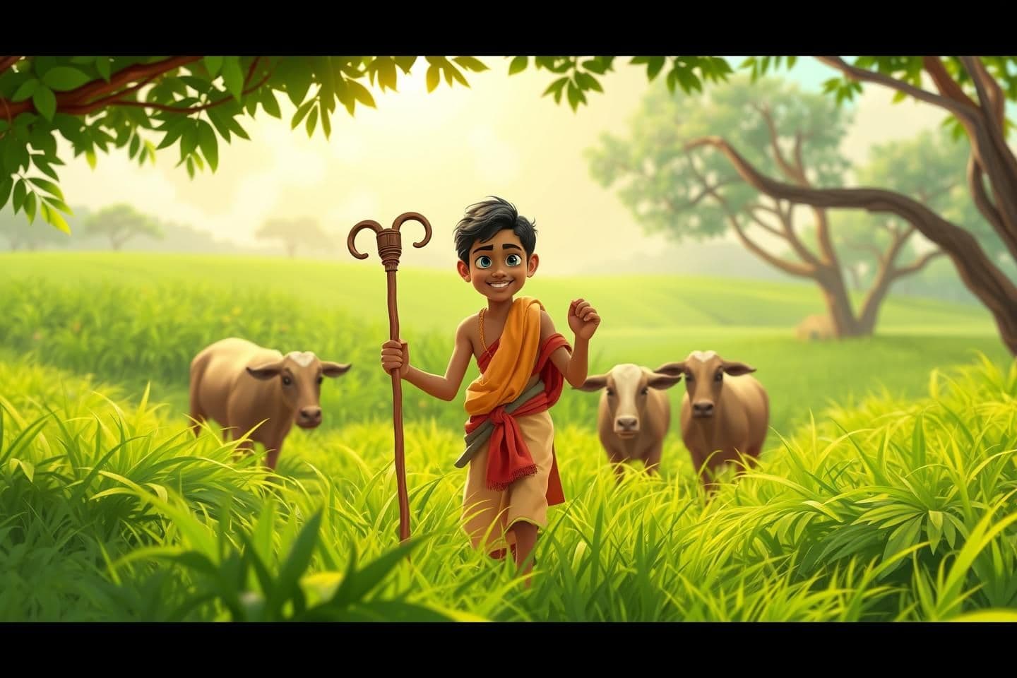 AI generated: IMPORTANT: Generate with all text in Hindi script only. 16:9 cartoon style, young Raja working in green fields under sunlight, guiding cows or goats with a stick. His clothes are s