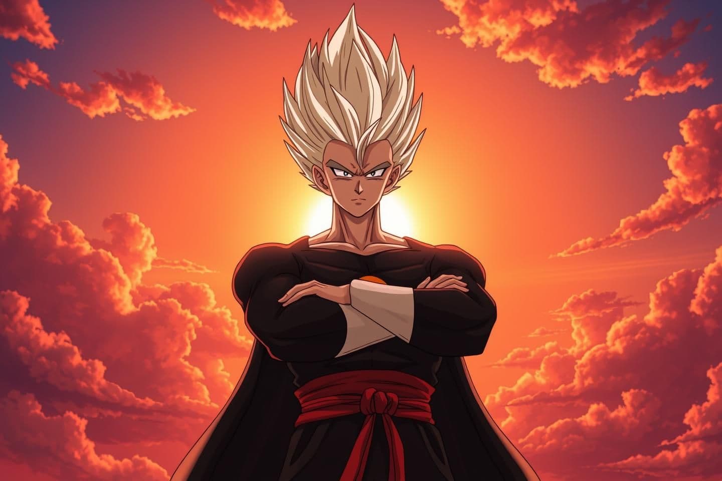 AI generated: Anime-style character inspired by Dragon Ball Grand priest, standing confidently with arms crossed against a bright sunset sky with clouds. The character has tall, spiky white hair