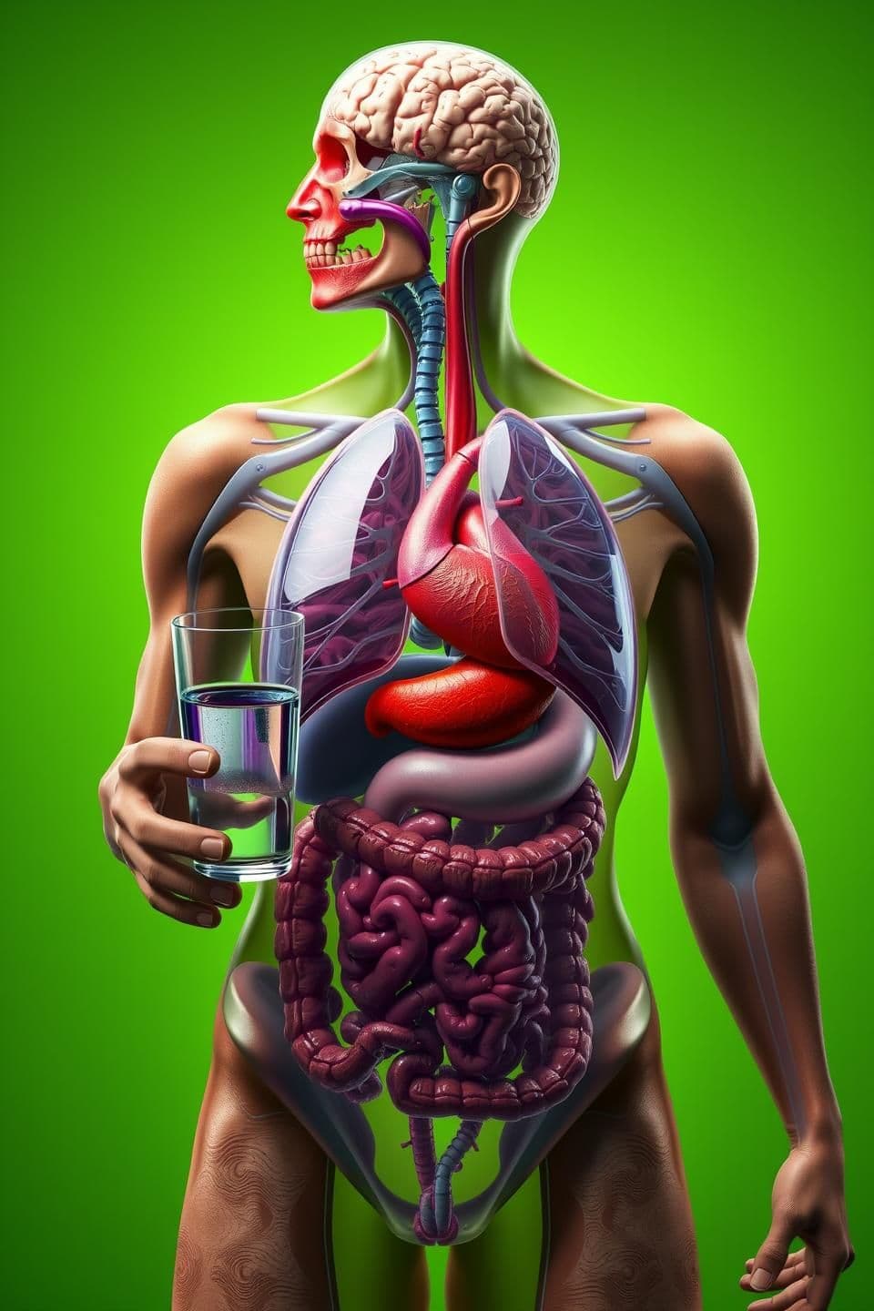 AI generated: Hyper-realistic 3D cinematic anatomical illustration of a human with fully exposed internal organs — brain, lungs, heart, stomach, intestines — rendered in detailed medical accurac