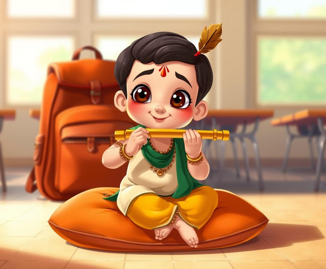 AI generated: A stylized, cartoon-like representation of a young Indian boy, likely Krishna, is seated on a soft orange cushion, center in the frame. He's fair-skinned, with large, expressive ey