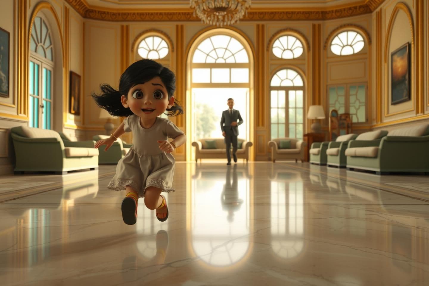 AI generated: cinematic, 4k, 4K ultra-detailed Disney Pixar movie style interior tracking shot of Hiya running toward Noren Kaka inside the grand drawing room of Mitra Mansion.
Camera moves back