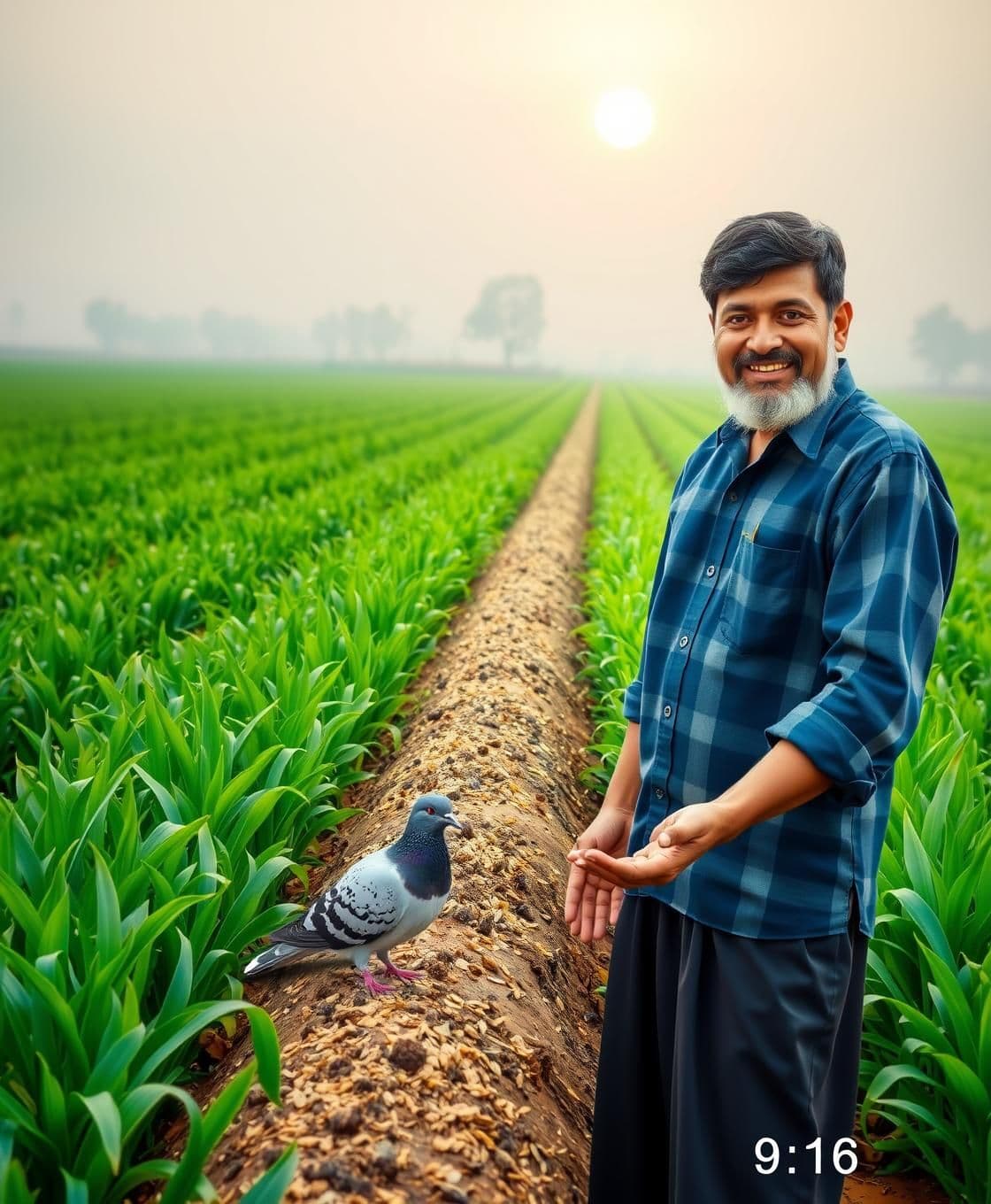 AI generated: IMPORTANT: Generate with all text in Hindi script only. "A quiet morning in a field, green crops, and soft sunlight. A farmer stands in the field, and a black and white dove sits n