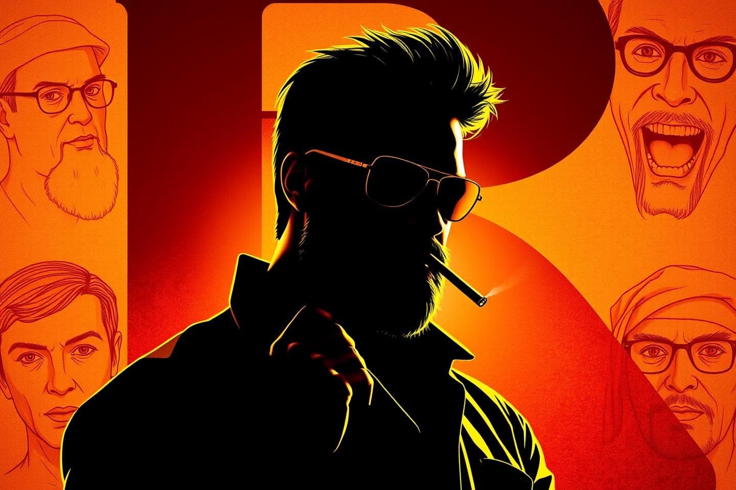 AI generated: This image appears to be a stylized artwork or poster. It features a silhouette of a man with a beard and sunglasses, holding a cigarette near his mouth in a classic, confident pos