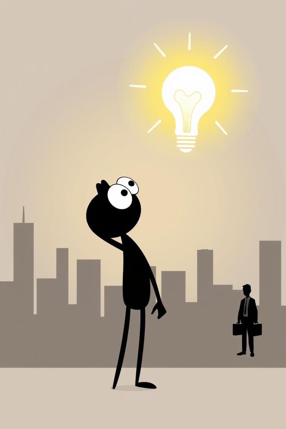AI generated: Simple black stickman with oversized curious eyes tilts head upward, staring at a glowing light bulb "idea" bubble popping above his head. One stick arm scratches head in wonder. M