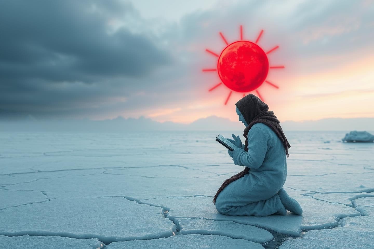 AI generated: Ascetic Snowman kneeling in prayer on icy wasteland under a red sun symbol, ancient scripture frozen beneath cracked ice, Klein observing with notebook cautiously, heat meeting fro