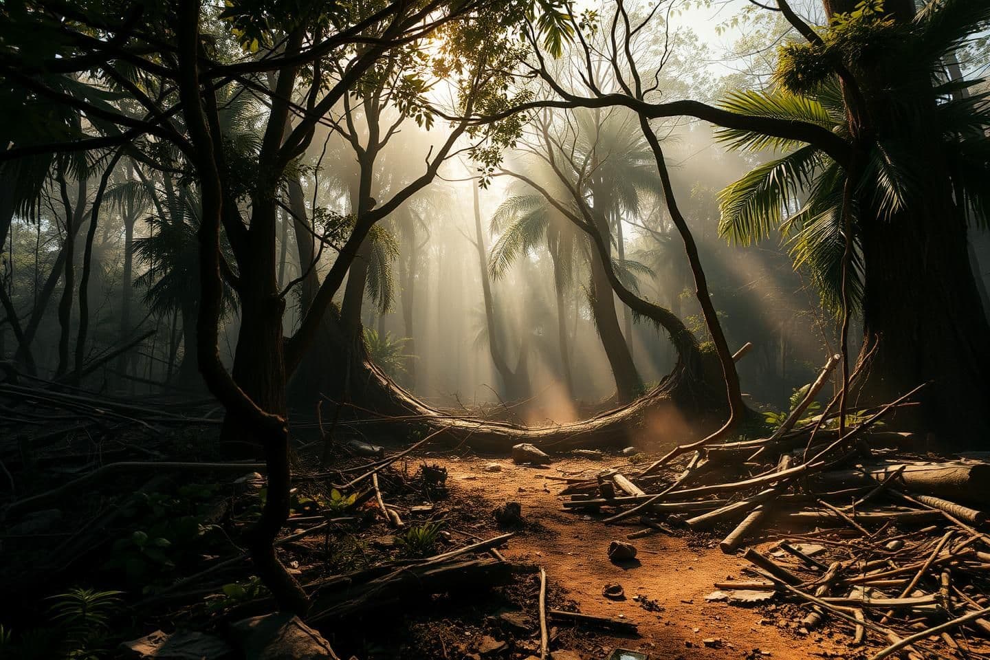 AI generated: A chaotic and destroyed jungle during the day, with no people in the scene. The forest is in ruins: broken trees, fallen branches, scattered debris, and dust floating in the air. S