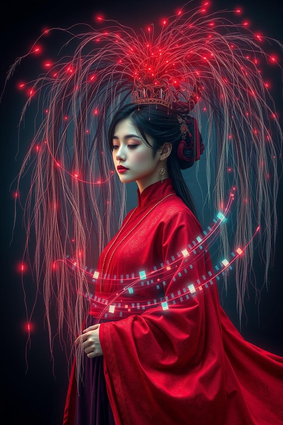 AI generated: mystical fashion female model traditional outfit in fusion with, A professional digital for a profile image, showing a weeping willow whose long, flowing branches subtly transfor