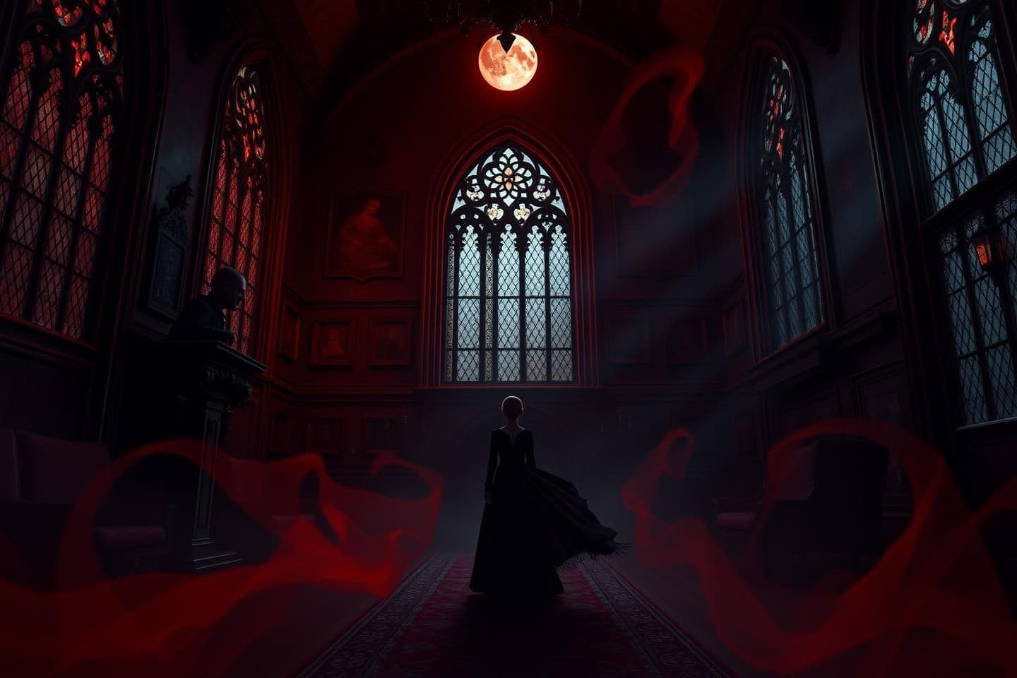 AI generated: Emlyn White inside a gothic vampire manor, crimson moonlight shining through stained windows, an ancient sanguine elder’s shadow calling him forward, faint red mist swirling, emily