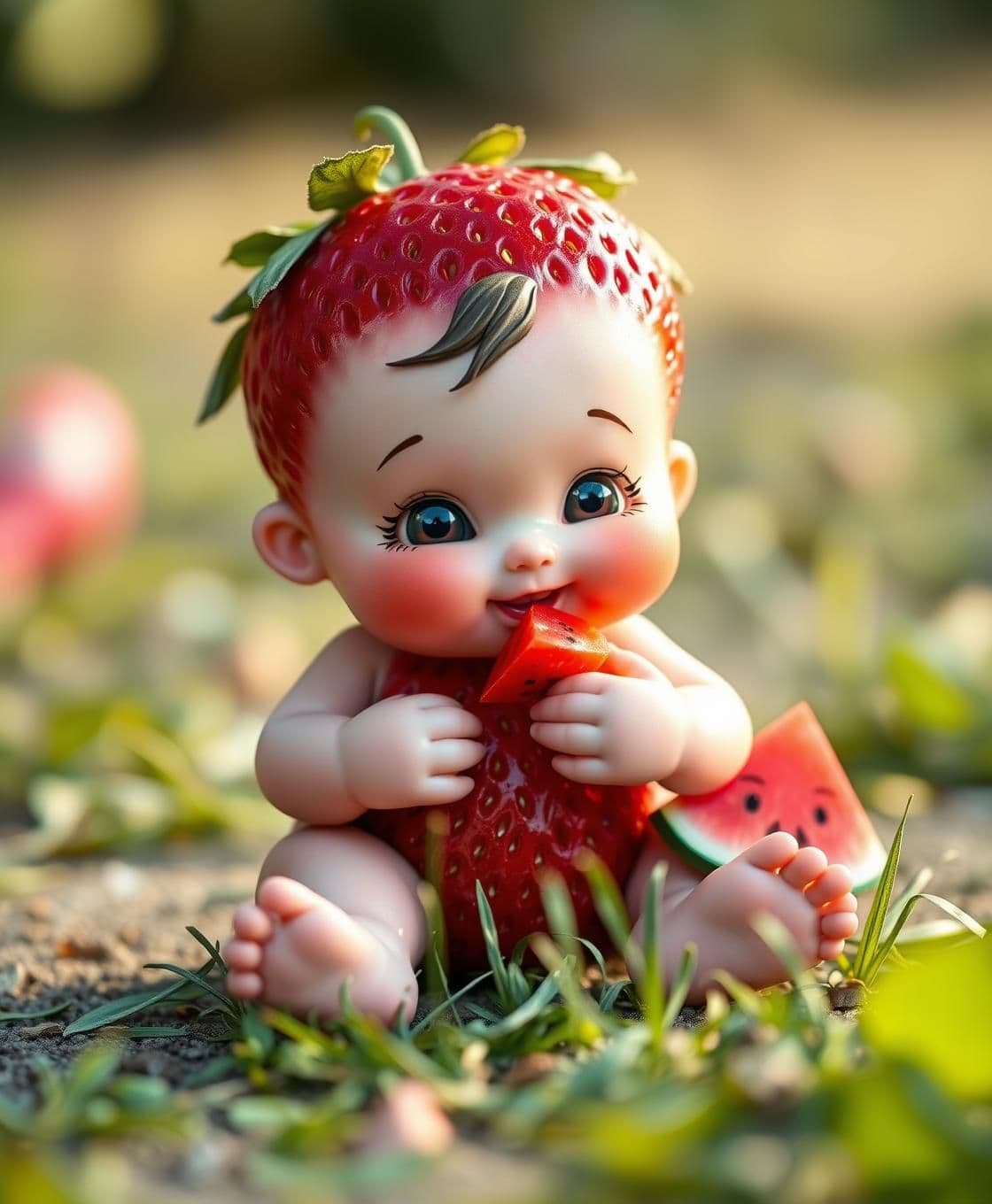 AI generated: A cute strawberry baby boy sitting like a human, but his body is shaped like a strawberry. The strawberry has a bright red color with tiny seeds and a green leafy top like hair. Th