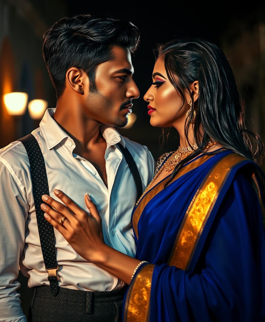 AI generated: Subject: A cinematic, ultra-realistic night portrait of a stunning Indian couple, identical to reference features, locked in a gaze of consuming, primal devotion. The atmosphere i