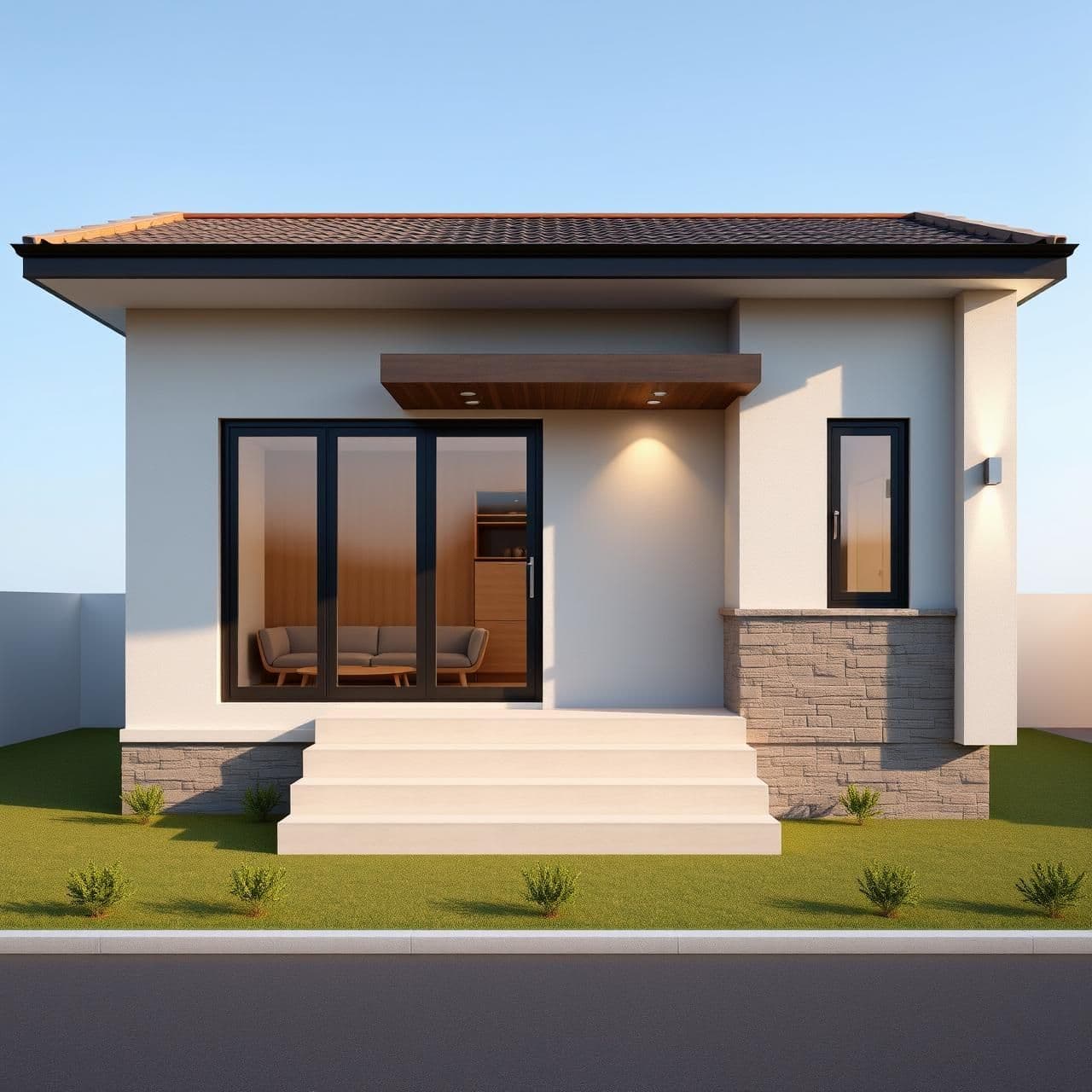 AI generated: 3D rendering of a modern, compact 3-bedroom north-facing house on a 3-cent plot. Show the front façade with a small porch, sliding glass doors and windows, warm wood and stone acce