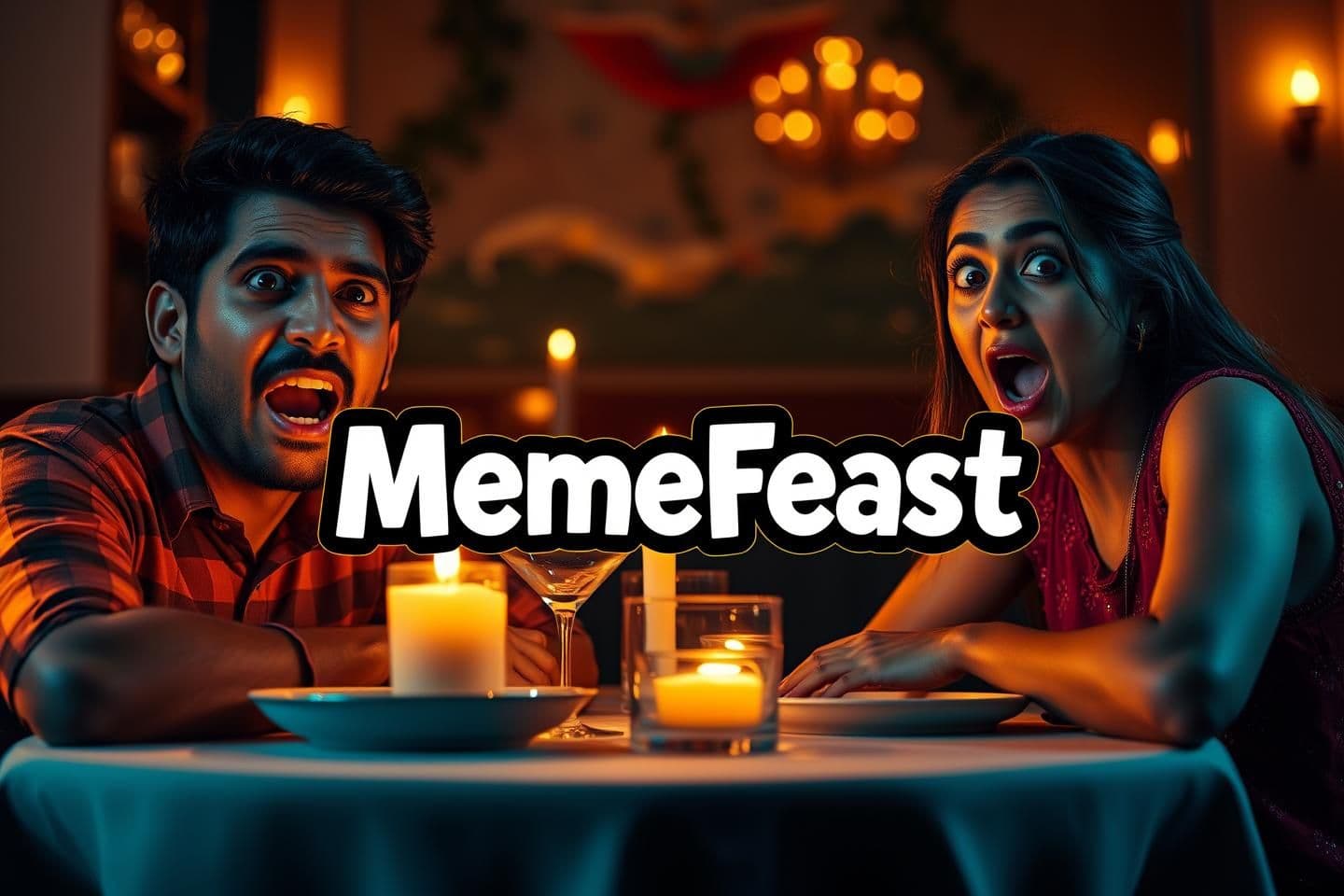 AI generated: A young Indian couple (guy on left, girl on right) sitting at a romantic candle-lit restaurant table on their first date, both with extremely shocked, wide-eyed, mouth-open hilario