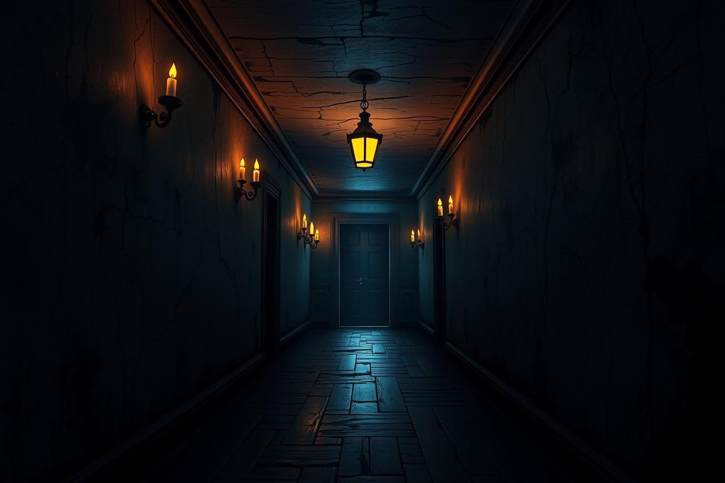 AI generated: Dark narrow hallway inside an old mansion, flickering candlelight and dim ceiling lights, cracked walls with peeling paint, broken floorboards, shadows stretching along the corrido