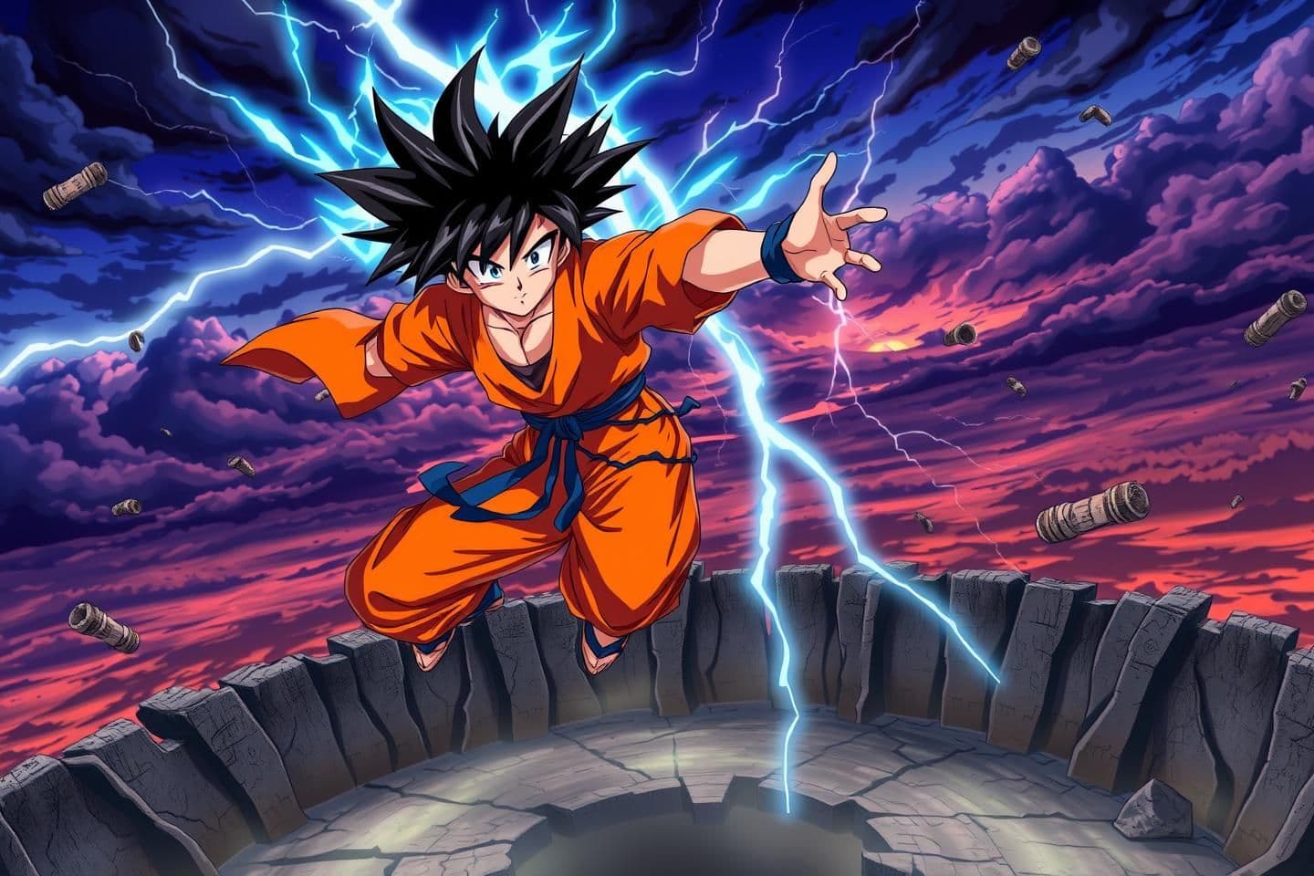 AI generated: Young anime warrior with spiky black hair and glowing silver-blue aura, torn orange gi, glowing eyes, floating above a cracked arena. The background is a dramatic twilight sky with