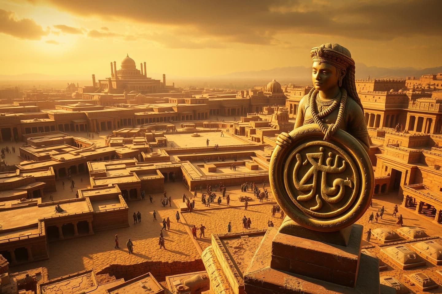 AI generated: A highly detailed, cinematic, epic visual of the ancient Mohenjodaro Civilization. The scene should feature a bustling, well-planned Bronze Age city like Mohenjo-daro or Harappa, w