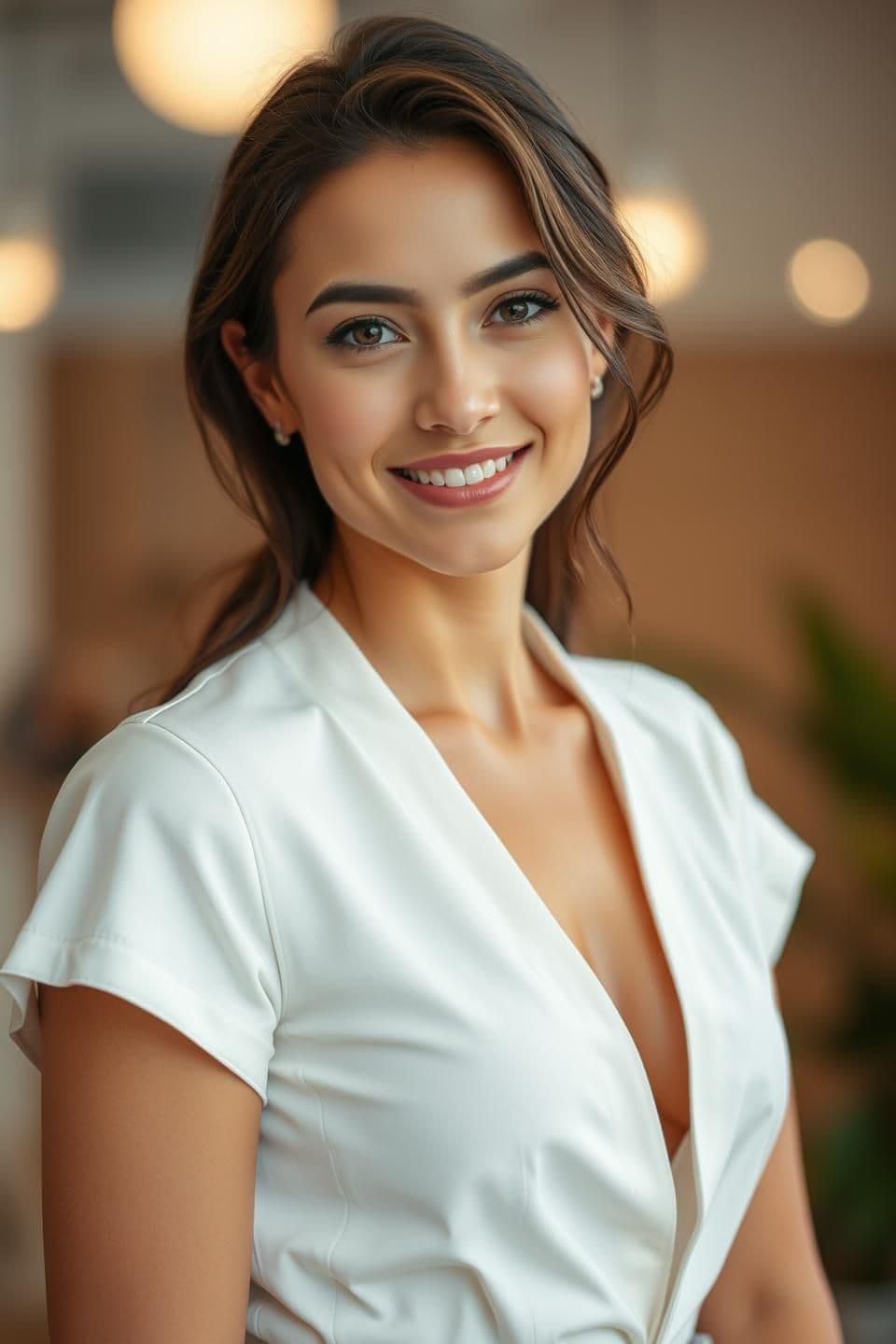 AI generated: A beautiful 25-year-old woman with a natural, elegant appearance. She has expressive eyes, soft facial features, and a confident, warm smile. Her skin looks healthy and radiant, wi