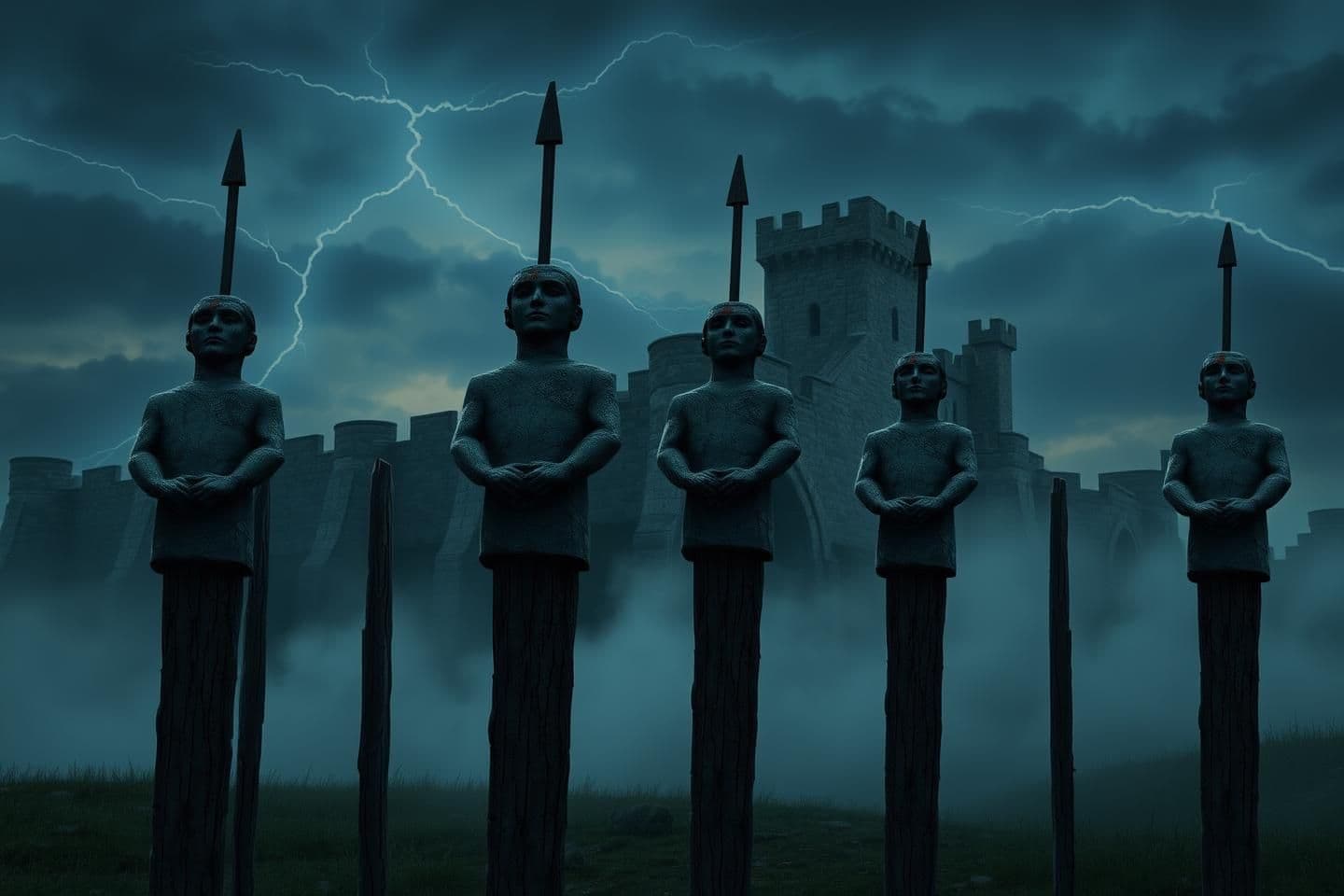 AI generated: Dark historical scene at dusk.
Human-shaped stone statues standing upright on tall wooden stakes.
Faces lifted toward the sky, calm and emotionless expressions.
Hands positioned b