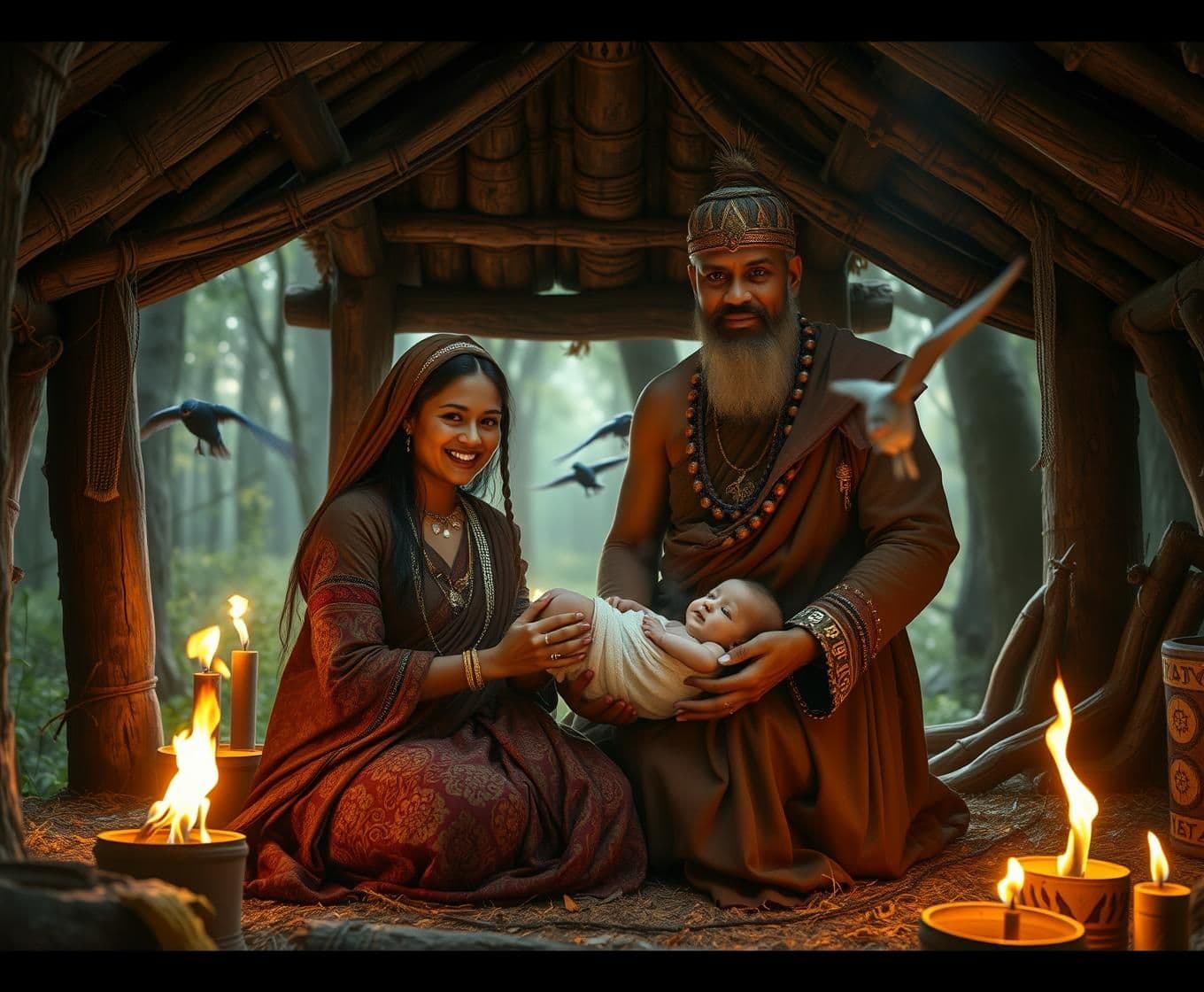 AI generated: “Ancient royal forest hut. Mother Morvi smiling at newborn baby Barbarik, Father Ghatotkatch standing proudly behind them. Fire torches lighting the hut, birds flying outside. A ma