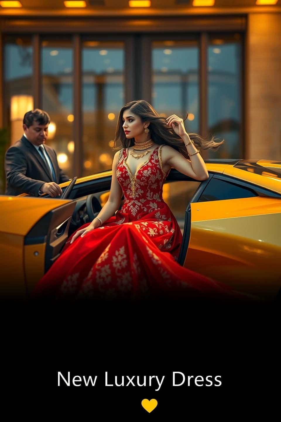 AI generated: Ultra realistic 8K vertical 9:16 cinematic photo of a stunning female model stepping out of a golden Lamborghini supercar in front of a luxury hotel entrance. She is wearing a roya