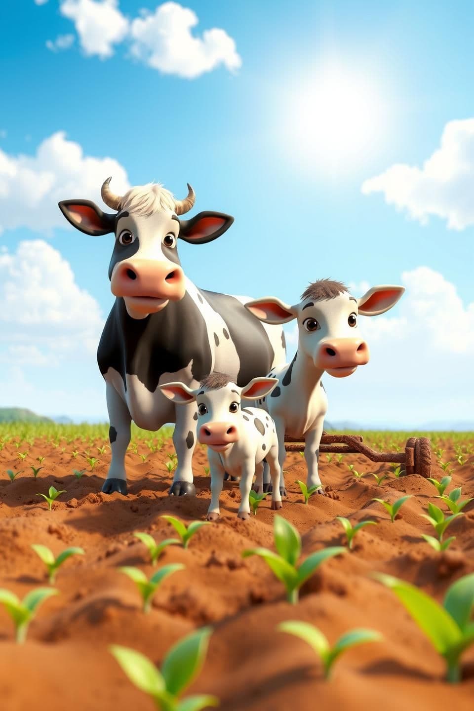 AI generated: A cow and its calf plowing a cornfield under a bright sunny sky, both looking healthy and happy. The calf is small and curious, the cow is strong and caring. The field is lush with