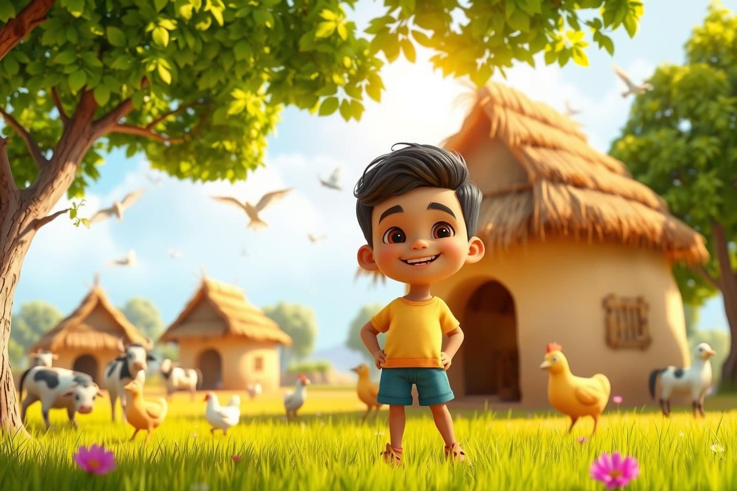 AI generated: A bright and colorful 3D cartoon village scene. A cute 7-year-old boy named Rohan standing happily in the middle of the field. He is playful, kind, and looks a little mischievous.