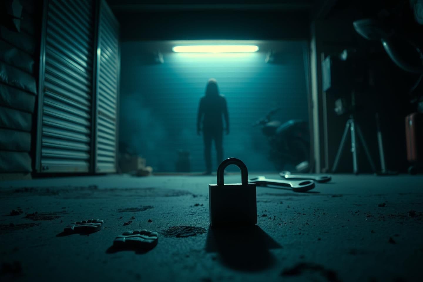 AI generated: “Ultra-realistic 16:9 YouTube horror thumbnail. A dimly lit Indian motorcycle garage at night. In the foreground, a dropped metal lock lying open on the floor. Two fresh muddy bare