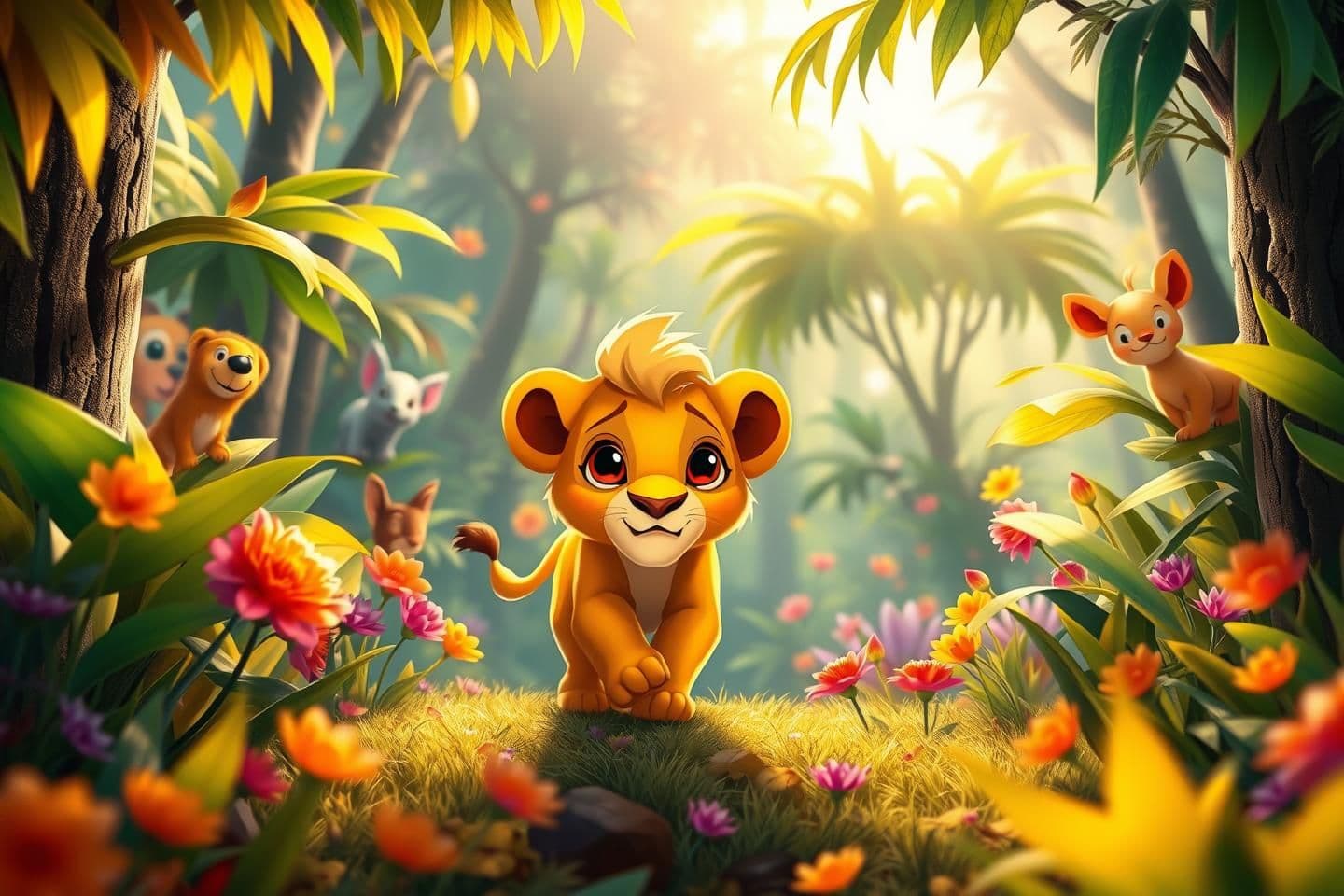 AI generated: 1. Leo in the Colorful Jungle
Prompt:
A small, cute young lion with bright curious eyes walking through a colorful jungle filled with tall green trees, vibrant flowers, and soft s