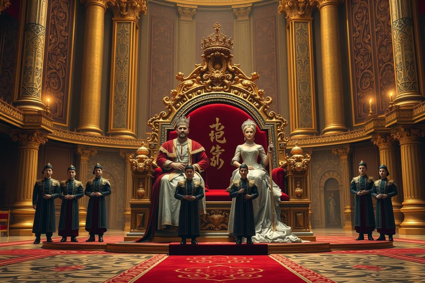 AI generated:
---
Image Prompt: King & Queen on a Grand Throne
“A majestic king and queen seated together on a large, beautifully carved throne in a grand royal palace. The throne is made o