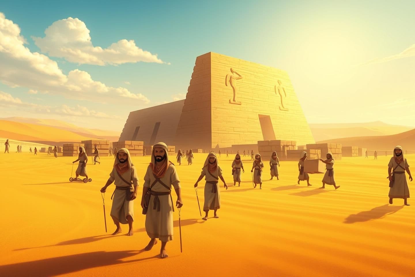 AI generated:
# 🎨 **Ultra Long & Detailed Desert Construction Prompt (Animation Style | 10–15 Workers | Prince of Egypt Vibe)**
**“A bright, clean, highly detailed animation-style desert cons