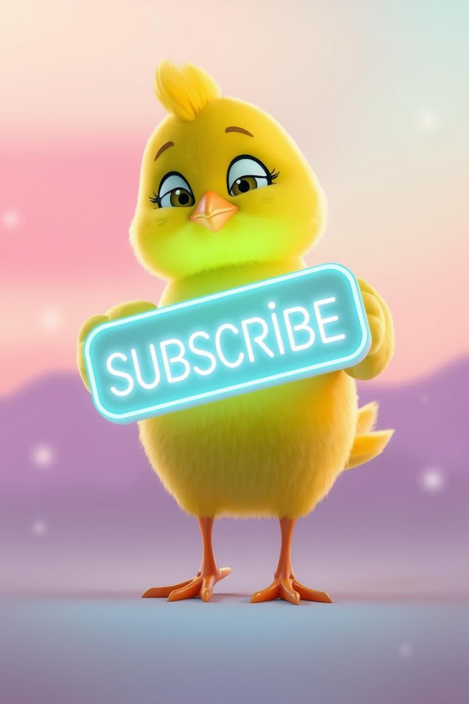 AI generated: “Cute stylized 3D yellow chick standing in the center of the frame, holding a glowing neon ‘SUBSCRIBE’ board with both wings. Chick performs a smooth loop animation: blinking softl